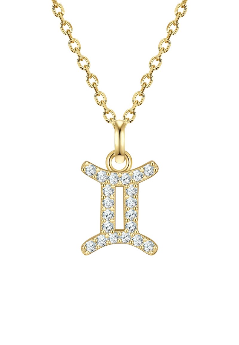 Zelta kaklarota ar Dvīņu simbolu kā pendantu, izrotāta ar caurspīdīgiem dārgakmeņiem. Pendentam ir izteiksmīgs, mūsdienīgs dizains ar spīdīgu apdari.