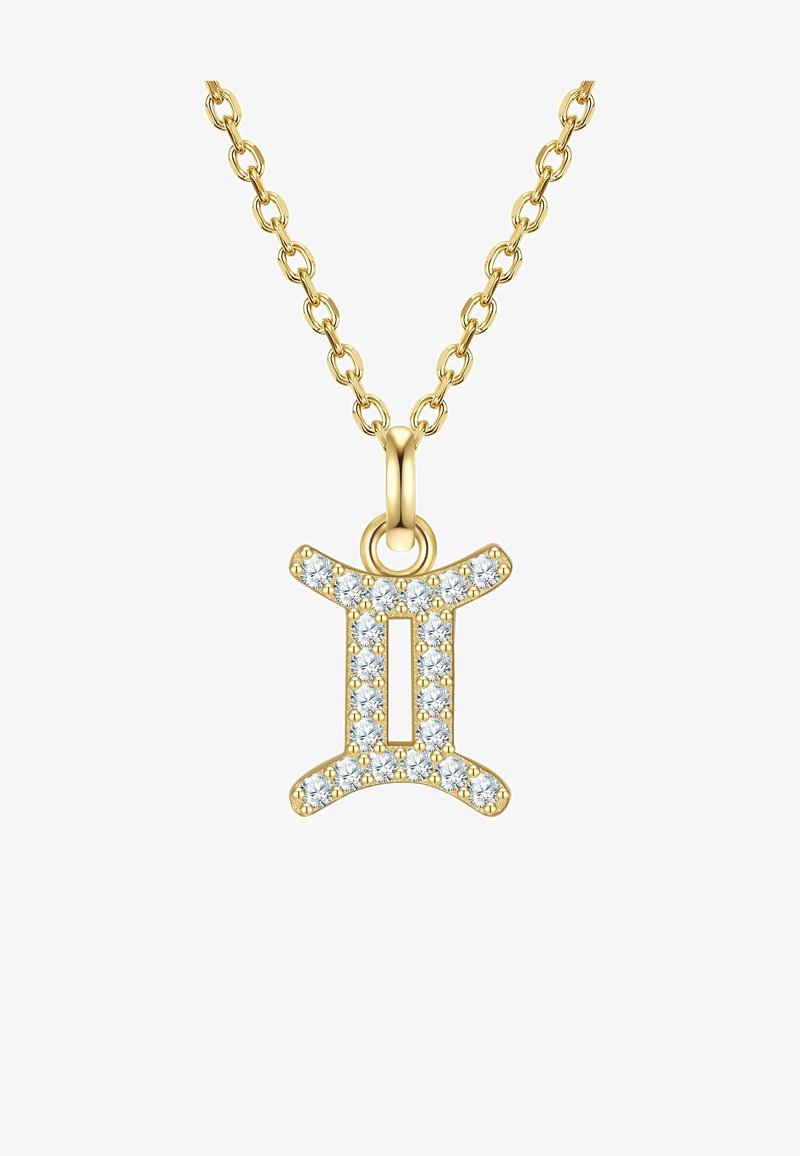 Zelta kaklarota ar Dvīņu simbolu kā pendantu, izrotāta ar caurspīdīgiem dārgakmeņiem. Pendentam ir izteiksmīgs, mūsdienīgs dizains ar spīdīgu apdari.