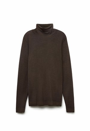 Brun turtleneck sweater lavet af blødt stof. Har lange ærmer, en høj hals og en lige afslutning. Glat tekstur, minimalistisk design.