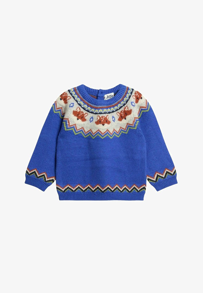 Modra otroška pulover s hudimi lisicami in geometrijskimi vzorci v beli, oranžni, zeleni in črni barvi na sprednjem delu, manšetah in robu.