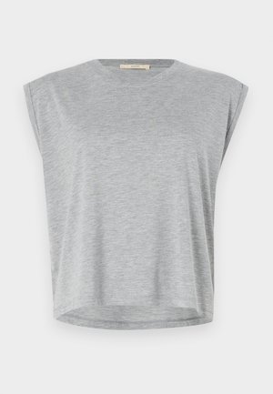 Gray short-sleeve top made of soft fabric. Features a round neck and dropped shoulder seams with a slightly curved hemline.