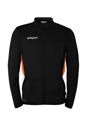 Veste de sport noire à fermeture éclair intégrale avec manches longues, panneaux latéraux orange et logo "uhlsport" blanc sur la poitrine.
