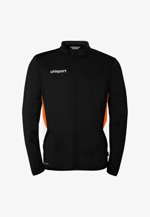 Zwarte trainingsjack met volledige rits en lange mouwen, oranje zijpanelen en wit "uhlsport"-logo op de borst.