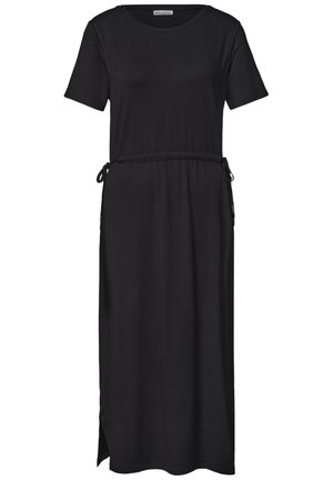 Robe midi noire à manches courtes avec col rond et taille réglable par cordon latéral, avec fentes latérales à l'ourlet.