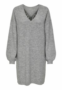 Robe pull oversized grise avec un décolleté en V et un détail en dentelle noire transparente au niveau du col. Manches longues bouffantes et poignets côtelés.