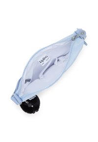 Borsetta di colore azzurro chiaro realizzata in tessuto con chiusura a zip. L'interno presenta una fodera liscia e una piccola tasca. Include un portachiavi nero e peloso.