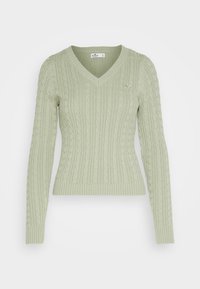 Hellgrüner gestrickter Pullover mit V-Ausschnitt, der im gesamten Design ein Zopfmuster aufweist und gerippte Details an den Bündchen und am Saum hat.