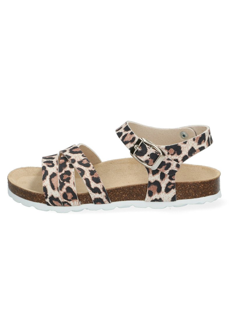 Sandalias de estampado de leopardo con tiras cruzadas, soporte de tobillo con hebilla, plantilla de corcho y suela de goma blanca. Presentan un acabado suave y texturizado.