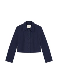 Jaqueta curta azul-marinho em mistura de lã, com colarinho, seis botões em forma de coração e mangas longas. Textura suave e design estruturado.