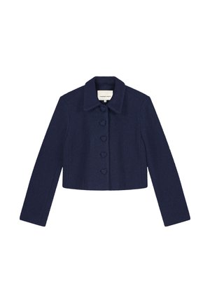 Marine modra skrajšana jakna iz mešanice volne, z ovratnikom, šestimi gumbki v obliki srca in dolgimi rokavi. Gladka tekstura in strukturiran dizajn.