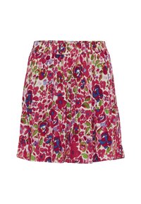 Jupe courte à fleurs rouges, bleues, vertes et violettes sur fond blanc, dotée d'une taille élastique et d'un design à étages.