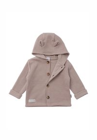 Beige Kinderjacke aus strukturiertem Stoff mit Knopfverschluss vorne und Kapuze mit kleinen Ohren. Die Ärmel sind umgeschlagen und das Etikett trägt die Aufschrift "little one."