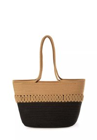Torebka na ramię wykonana z plecionki, z beżową górną częścią i czarną dolną częścią, o teksturowanym wykończeniu i dekoracyjnymi akcentami w postaci pętli.