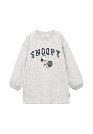 Lysegrå sweatshirt med lange ærmer med teksten "SNOOPY" og et motiv af Snoopy, der holder en tennisketcher på fronten.