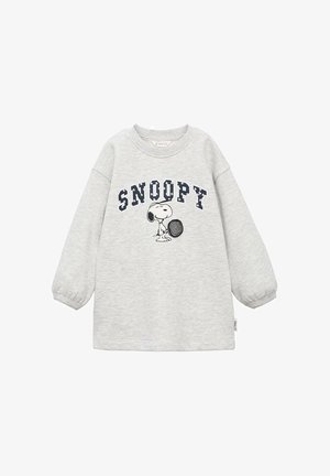 Sweat-shirt gris clair à manches longues avec le texte « SNOOPY » et un graphique de Snoopy tenant une raquette de tennis sur le devant.