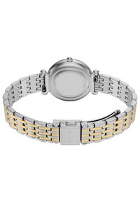 RVS horloge met een zilver- en goudkleurige bi-color armband, met een ronde kast en een sluiting waarin de merknaam is gegraveerd.