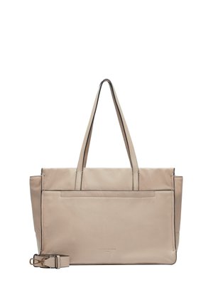 Beige leather tote bag with double shoulder straps, rectangular shape, top zip closure, and an exterior slip pocket. Black accent stitching.