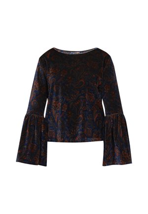 Dlouhý rukáv, top ve tvaru zvonu vyrobený z tmavě modré látky s paisley vzorem v odstínech oranžové a hnědé. Hladká textura s širokým výstřihem.