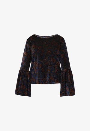 Dlouhý rukáv, top ve tvaru zvonu vyrobený z tmavě modré látky s paisley vzorem v odstínech oranžové a hnědé. Hladká textura s širokým výstřihem.