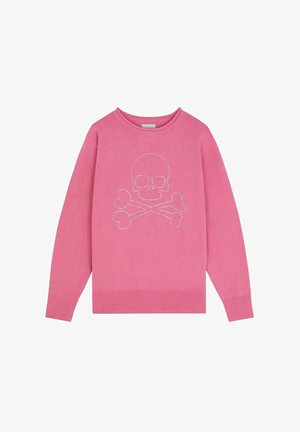 Pink sweater made of soft fabric with a crew neck, featuring a rhinestone skull and crossbones design on the front. Classic fit and ribbed cuffs.