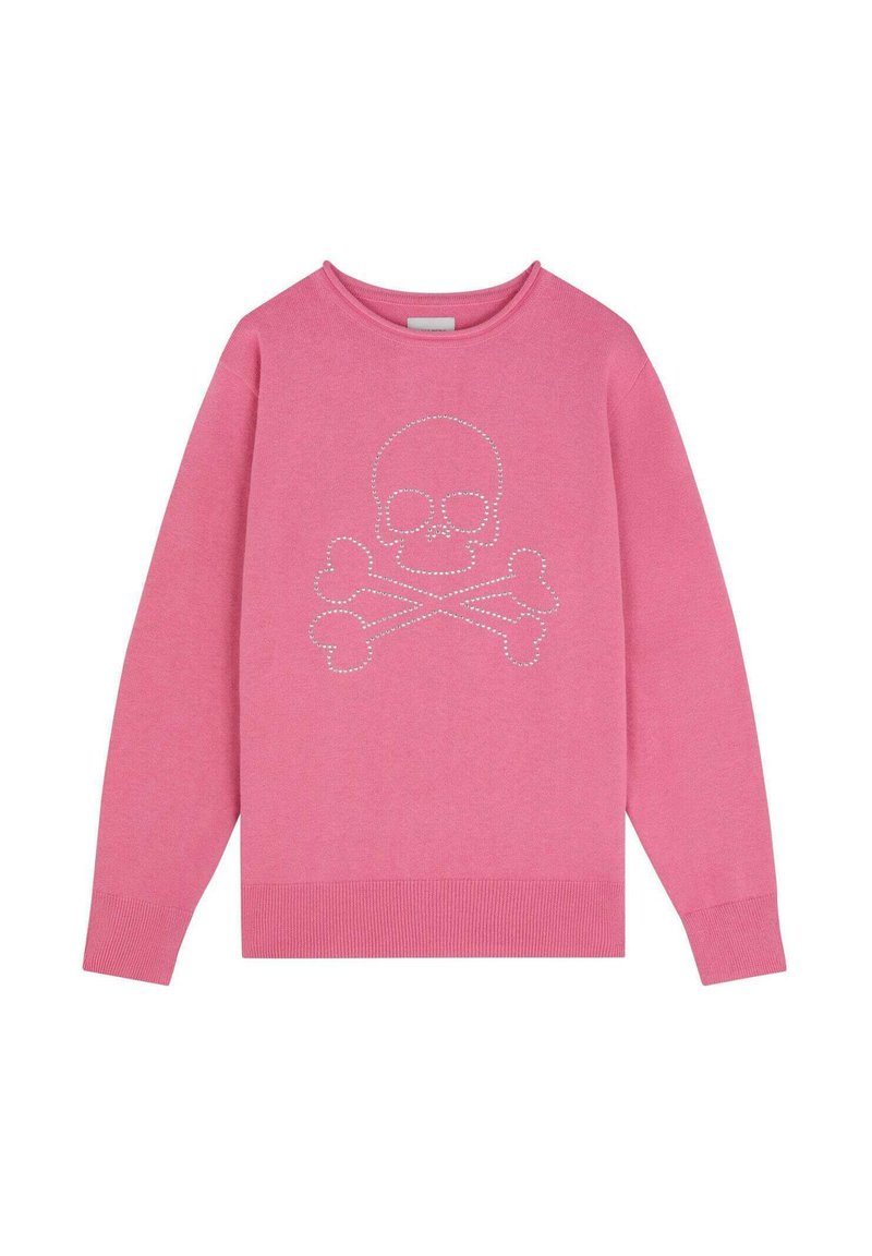 Rosa Pullover aus weichem Stoff mit Rundhalsausschnitt, featuring ein Strassdesign von Totenkopf und gekreuzten Knochen auf der Vorderseite. Klassischer Schnitt und gerippte Bündchen.