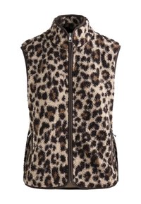 Veste sans manches imprimé léopard marron et beige en tissu doux et texturé, avec un col haut, une fermeture éclair frontale et des poches latérales.