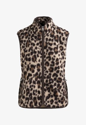 Bruin en beige luipaardprint gilet gemaakt van zacht, gestructureerd stof, met een hoge kraag, voorrits en zijzakken.