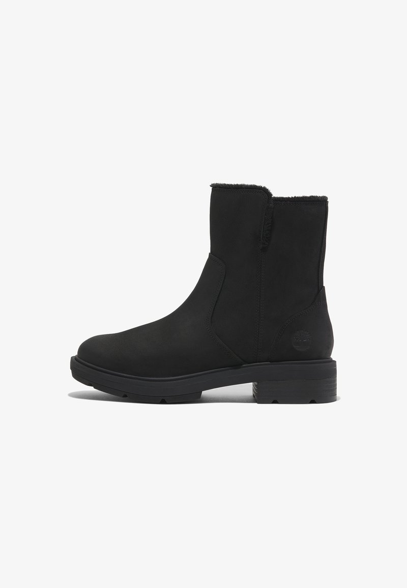 Botte d'hiver noire mi-mollet avec doublure en fourrure, bout arrondi, semelle en caoutchouc et logo latéral subtil embossé sur la zone du talon.