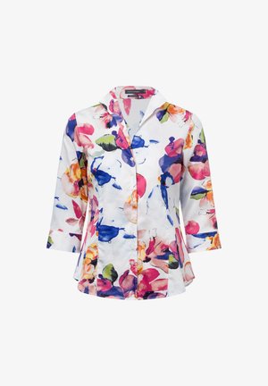 Blumenhemd mit Knöpfen, weißer Hintergrund mit rosa, blauen und grünen Aquarellmustern, 3/4-Ärmel, eine Brusttasche, glattes Gewebe.
