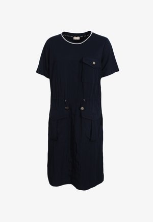 Abito navy a maniche corte con scollo rotondo, tasca applicata frontale, vita con cordino, e due tasche inferiori. Tessuto morbido e strutturato.