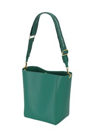 Borsa a secchiello in pelle turchese con hardware dorato, apertura ampia e tracolla rimovibile. Presenta una tracolla personalizzata per un tocco di dettaglio in più.