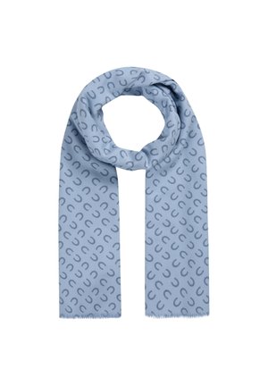 Écharpe bleu clair avec un motif répété de fers à cheval foncés et de petites franges aux deux extrémités, bouclée lâchement en haut.