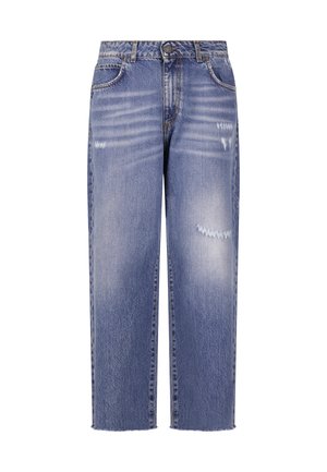 Niebieskie jeansy o prostych nogawkach z wyblakłymi i postarzałymi detalami, klasyczny wzór z pięcioma kieszeniami, zapięcie na guziki oraz surowe krawędzie nogawek.