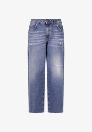 Jeans blu a gamba dritta con dettagli scoloriti e consumati, design classico a cinque tasche, chiusura con bottone e orli grezzi.