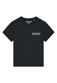 Zwarte t-shirt met korte mouwen van zachte stof, met witte tekst: "Das Leben ist kein Ponyhof." Klassiek ontwerp met ronde hals.