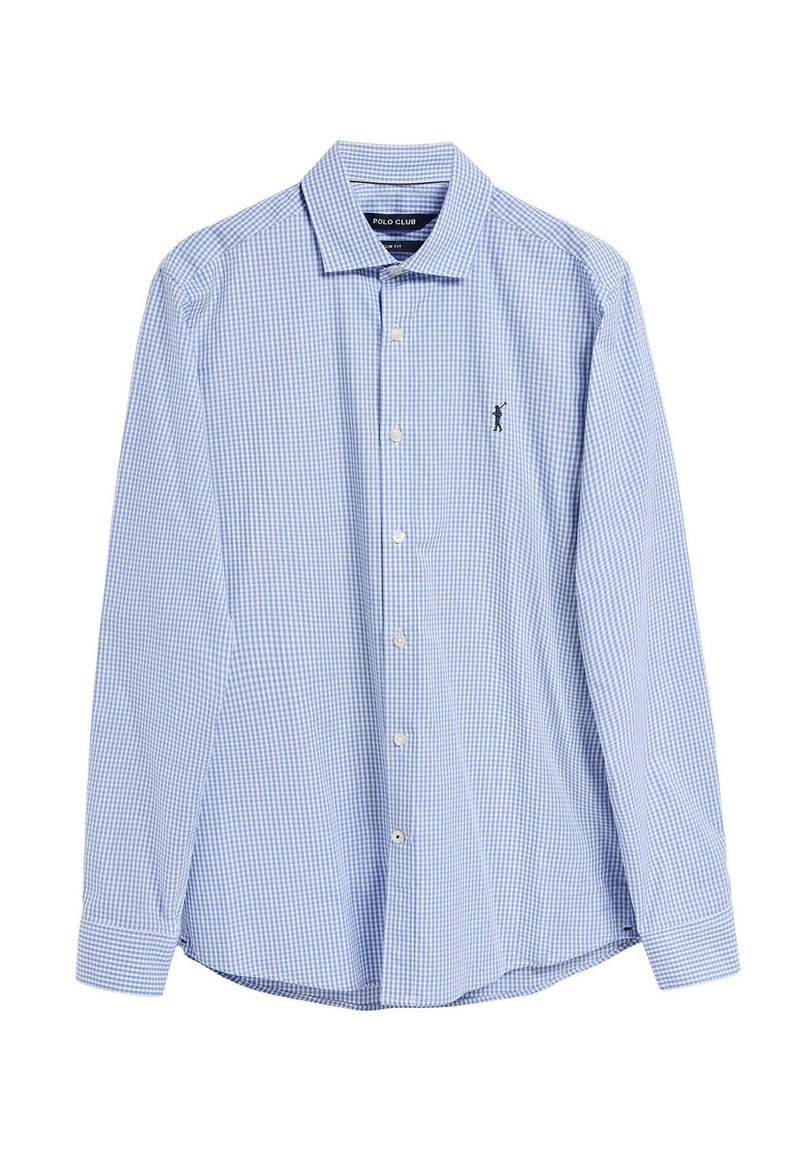 Jasnoniebieska i biała koszula w kratkę z długim rękawem, z kołnierzykiem zapinanym na guziki, z pojedynczym akcentem w postaci logo, z miękkiego materiału, ze prostym dołem i regulowanymi mankietami.