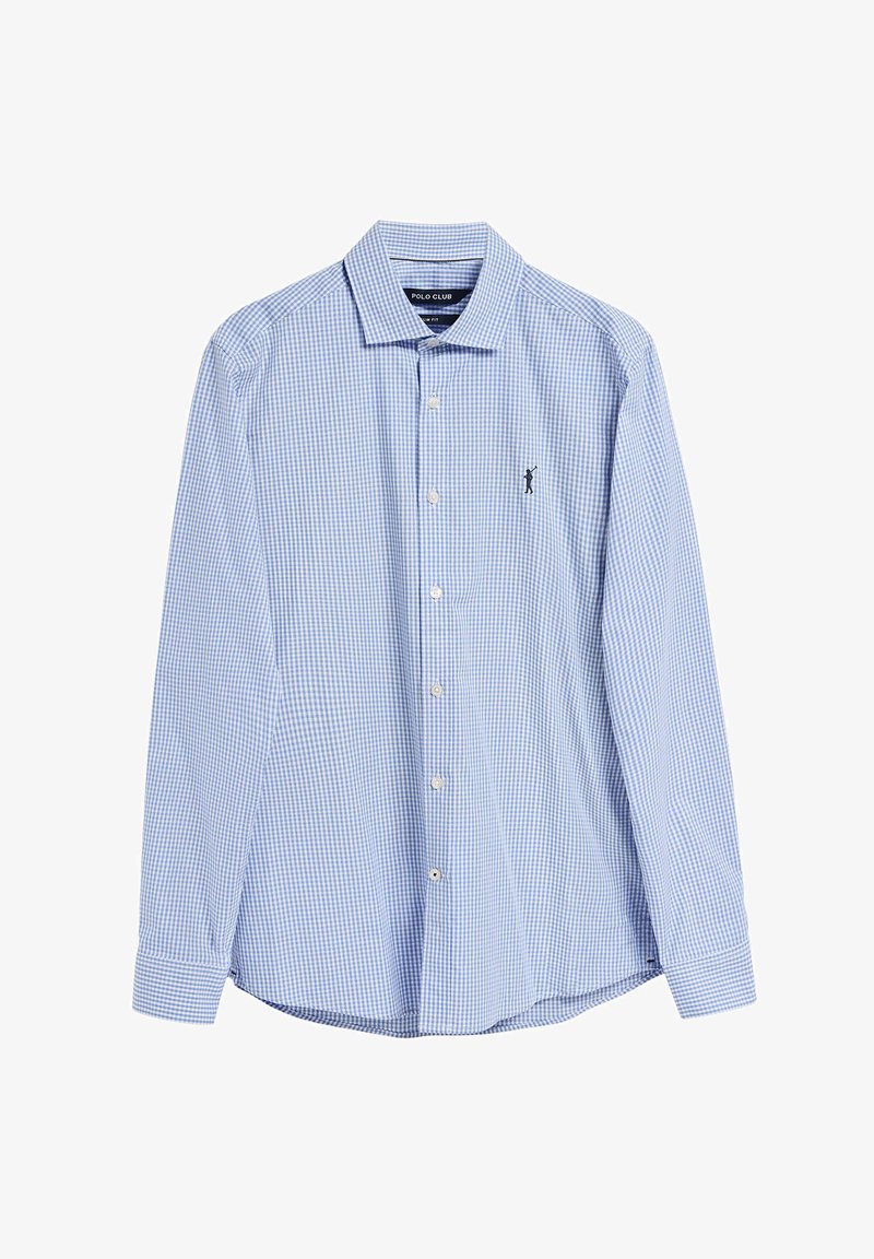 Jasnoniebieska i biała koszula w kratkę z długim rękawem, z kołnierzykiem zapinanym na guziki, z pojedynczym akcentem w postaci logo, z miękkiego materiału, ze prostym dołem i regulowanymi mankietami.