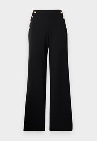 Pantalons noirs taille haute à jambe large avec des boutons en or sur le devant et des poches sur les deux hanches sur un fond blanc.