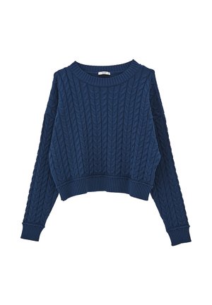 Granatowy sweter dziergany z teksturowanym wzorem warkocza, szerokim dekoltem i krótka długością. Prążkowane mankiety i dół dodają struktury.