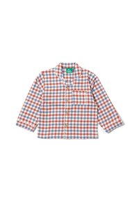 Checked button-up shirt in red, blue, and cream. Long sleeves, light fabric, chest pocket, and contrast piping along the collar.