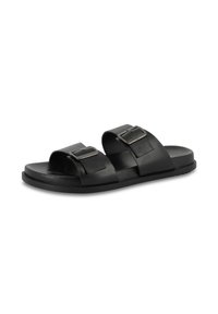 Black leather slide sandals with two adjustable straps, metal buckles, flat sole, and a smooth finish. No distinct patterns or accents.