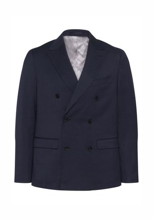 Tamsiai mėlynas dvigubos sagos švarkas, pagamintas iš tekstūruoto Audinio. Funkcijos dvi priekines kišenes, šešios juodos sagos ir išpjova ant apykaklės. Pamušta vidinė dalis.