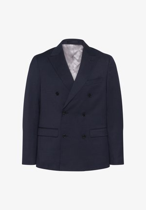 Tengerész navy színű, kétsoros blézer texturált anyagból. Két elülső zsebe, hat fekete gombja és kipárnázott hajtókája van. Béléssel ellátott belső.