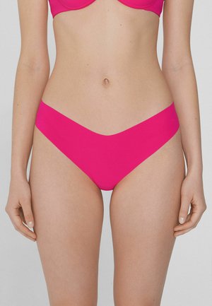 Rosa Bikiniunterteil mit einer V-förmigen Taille und aus glattem, dehnbarem Material. Das Design ist schlicht und hat keine zusätzlichen Muster oder Akzente.
