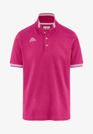 Fuchsia polo shirt met korte mouwen, hoge kraag, witte gestreepte accenten, een twee-knopenpat en geborduurd logo op de linkerborst.