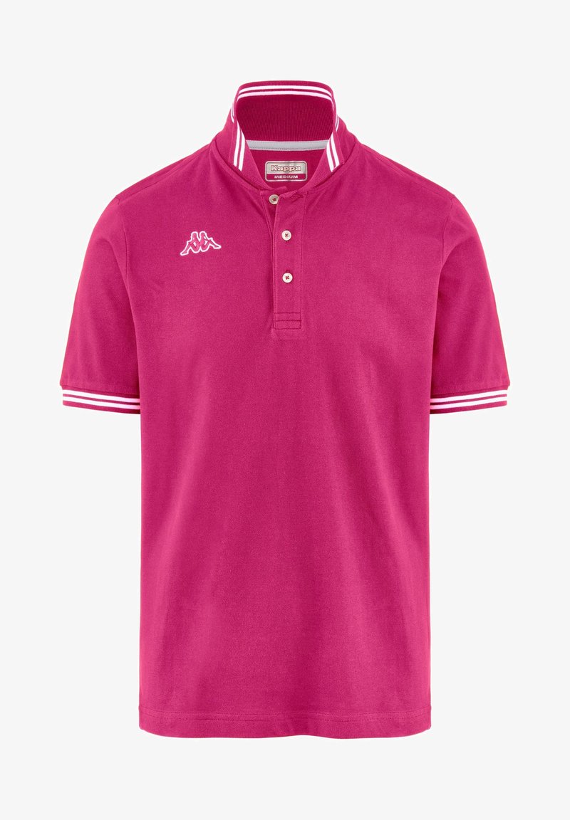 Fuchsia polo shirt met korte mouwen, hoge kraag, witte gestreepte accenten, een twee-knopenpat en geborduurd logo op de linkerborst.