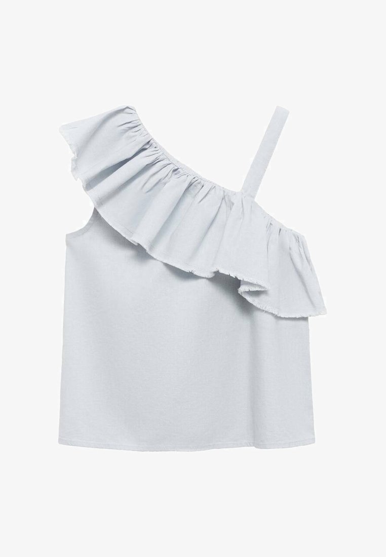 Svetlo modra bluzica z eno ramo in nabrano obrobo. Narejena iz mehke tkanine, ima razširjen nabor in tanek trak na nenabrani strani.