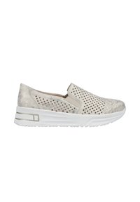 Slip-on shoes with a beige textured upper and perforated design for breathability. White sole with a slight heel and grey accents.