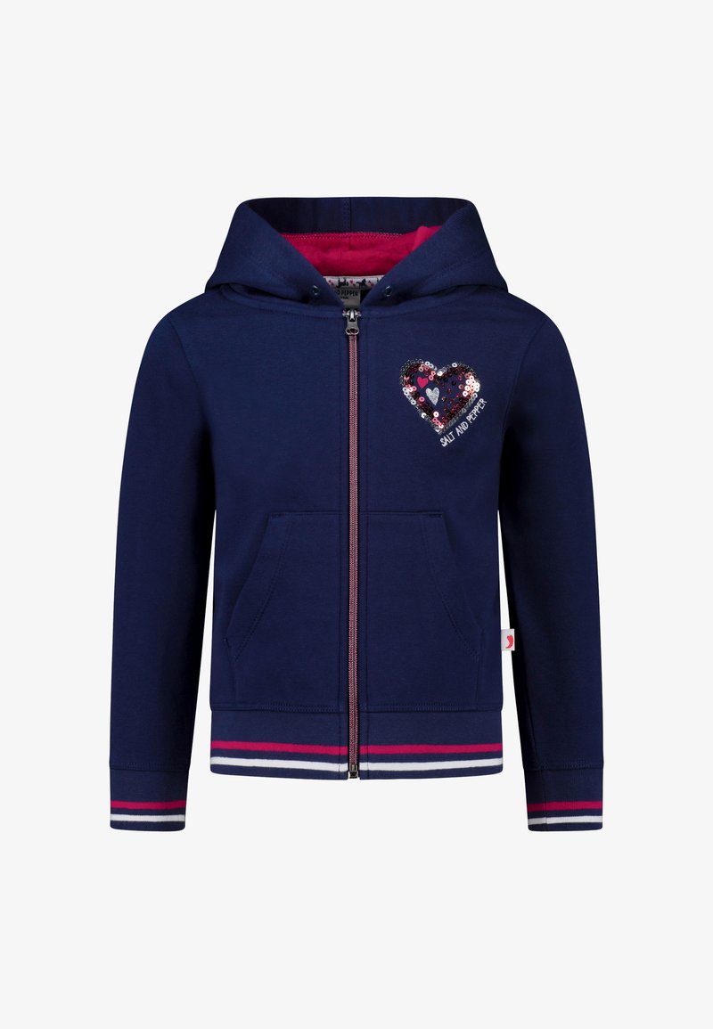 Navyblaue Kapuzenjacke mit Reißverschluss und rosa Futter, mit Fronttaschen und einem Herzdesign aus Pailletten. Mit gestreiften Bündchen in Pink, Weiß und Navy.