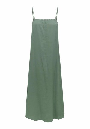 Rochie verde, fără mâneci, cu bretele subțiri, croială lejeră, țesătură texturată și detalii pliate la decolteu. Lungimea atinge jumătatea gambei.